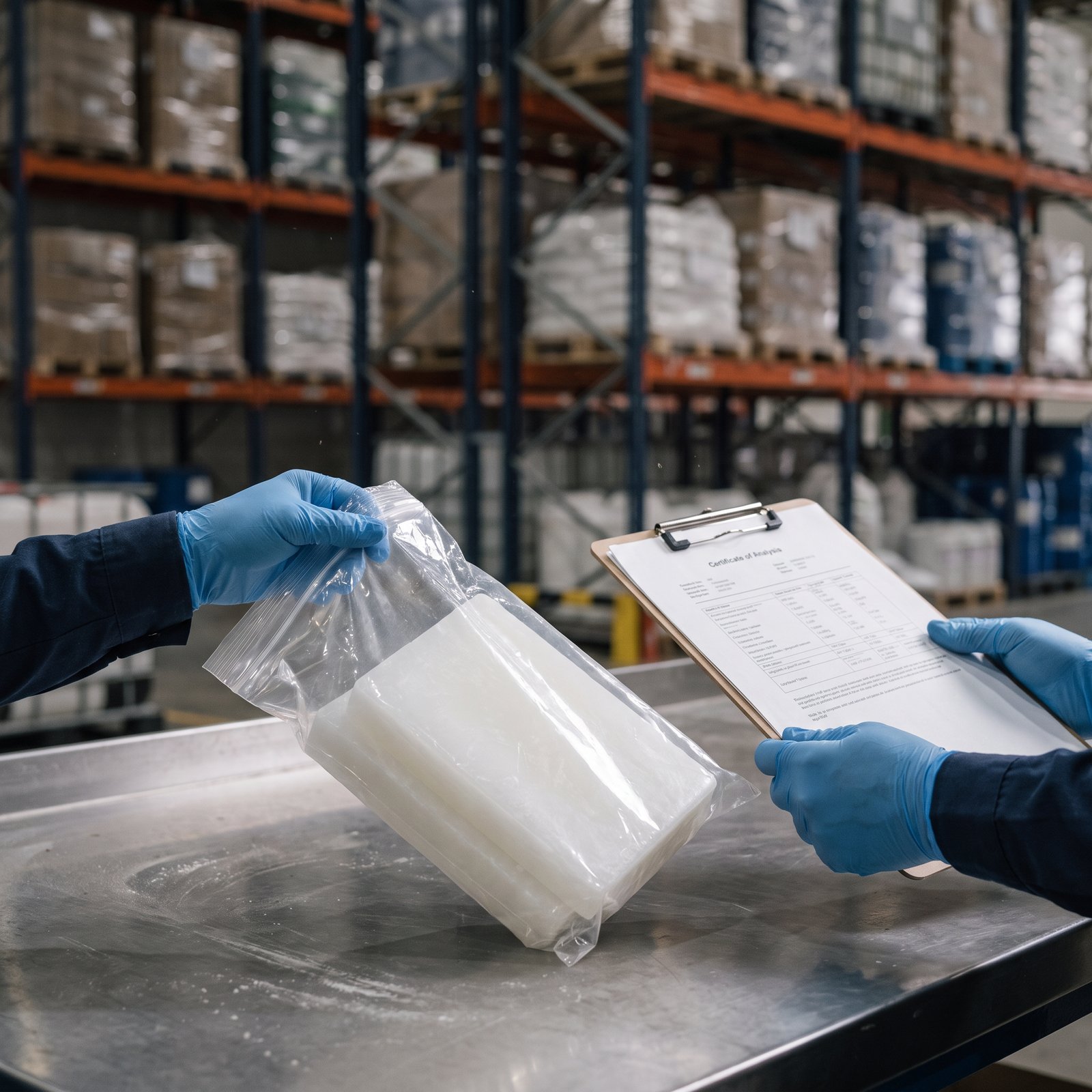 Stocked regional warehouse aisle with wax bags, drums and cartons on pallet racking