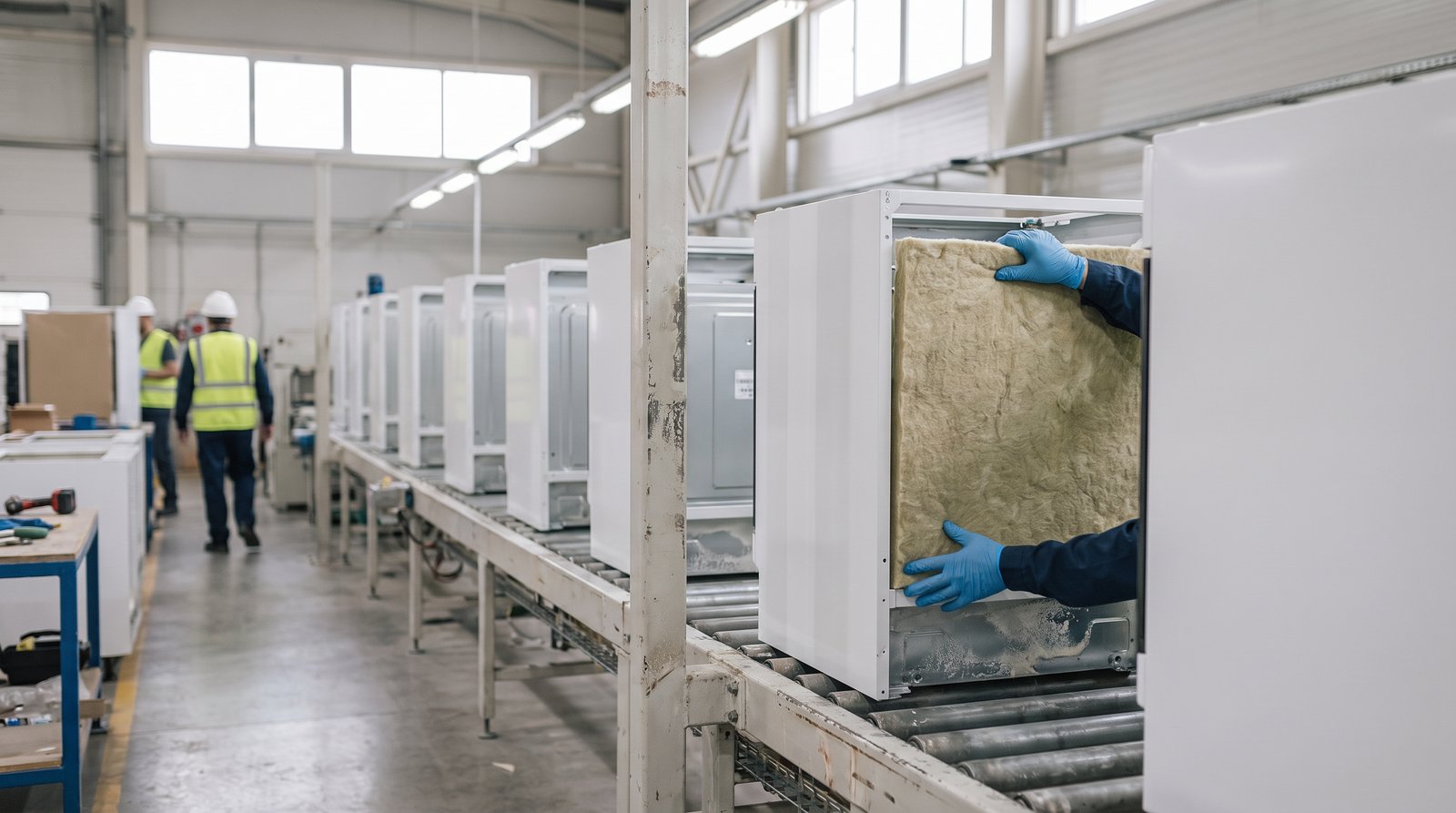 Appliance cabinets on an assembly line with insulation fitted