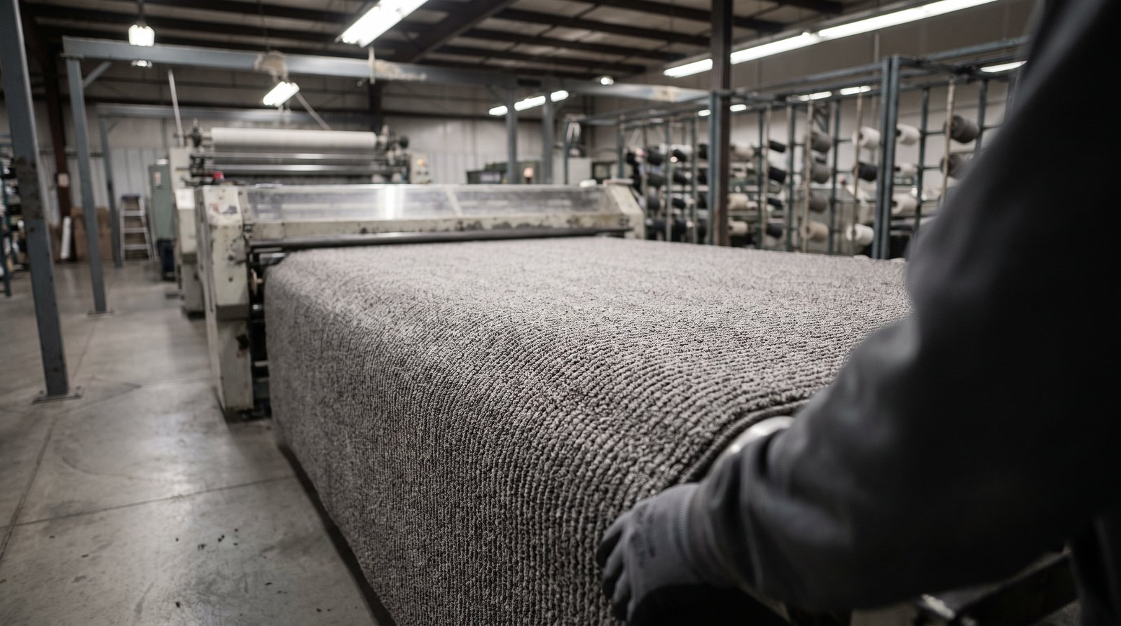 Carpet running through a tufting and backing line