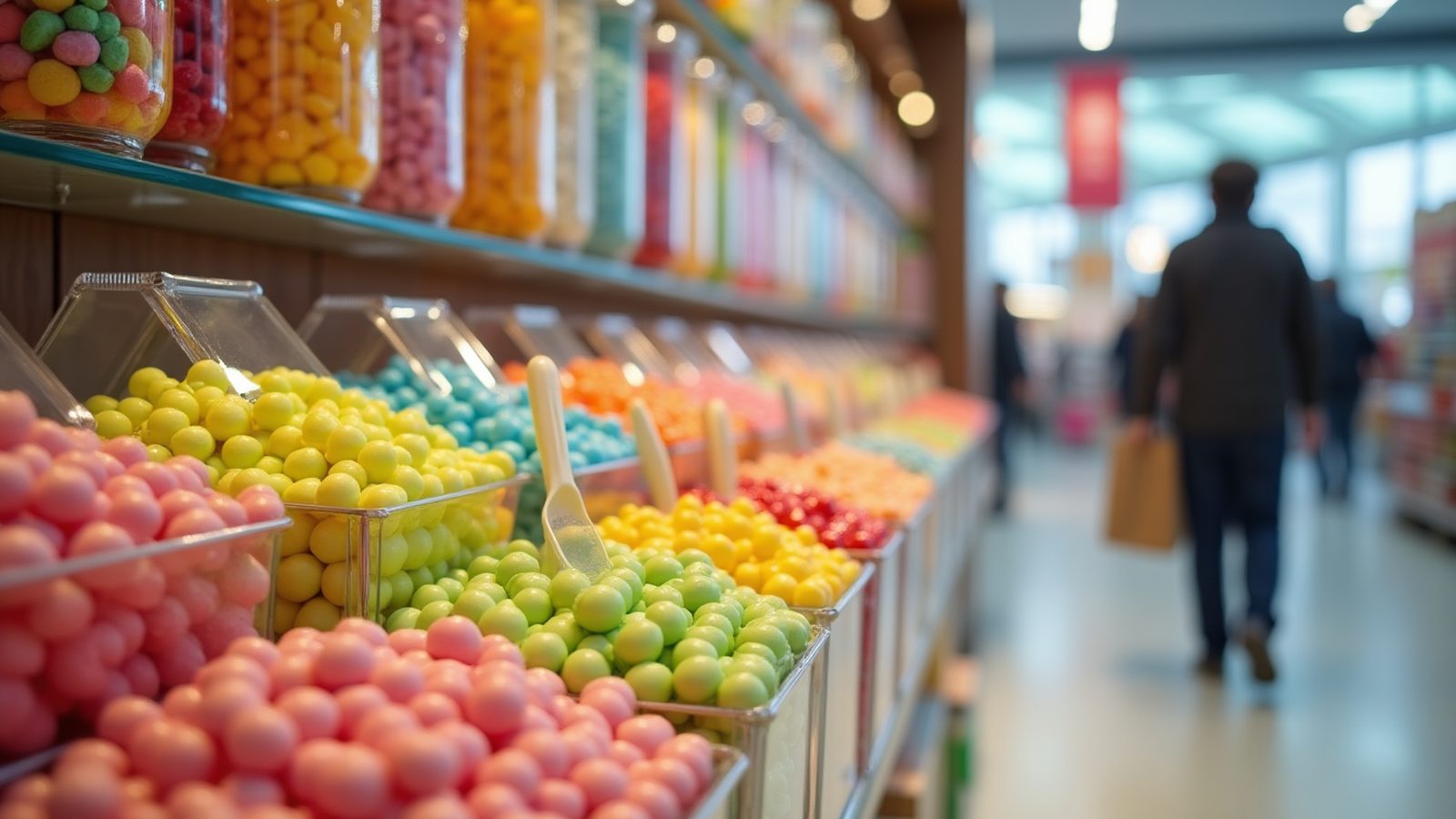 Bins of colourful gumballs and sweets on a confectionery shop shelf