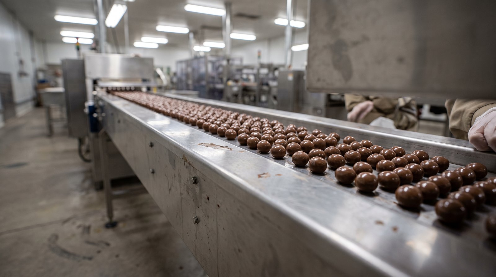 Glossy coated confectionery on a production conveyor