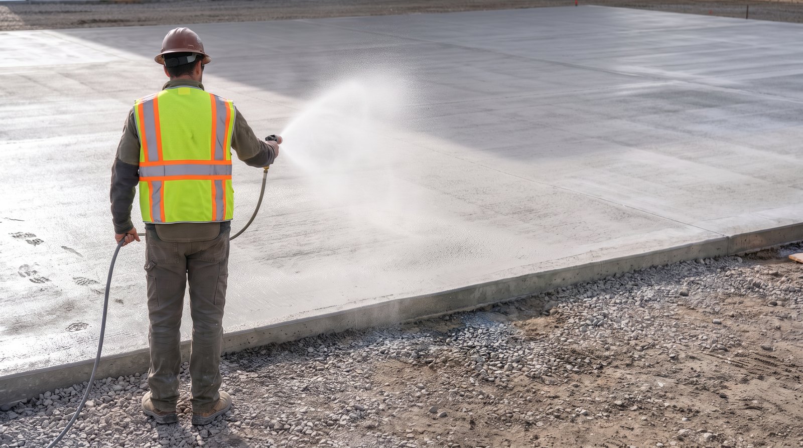 Curing compound sprayed across a fresh concrete slab