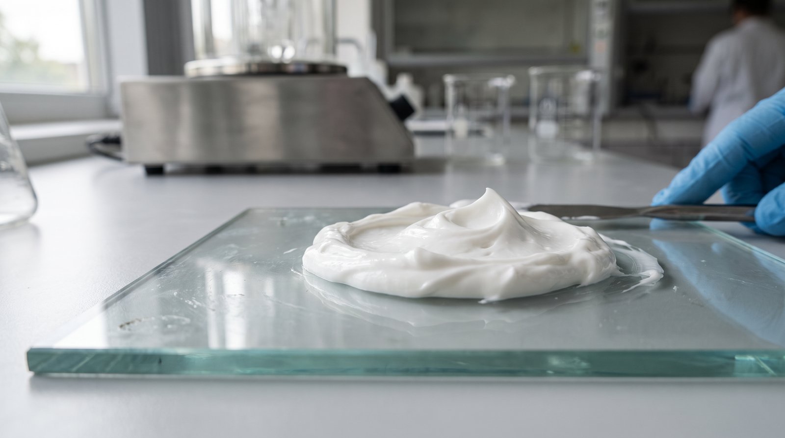 Swirl of white cosmetic cream on a glass slab