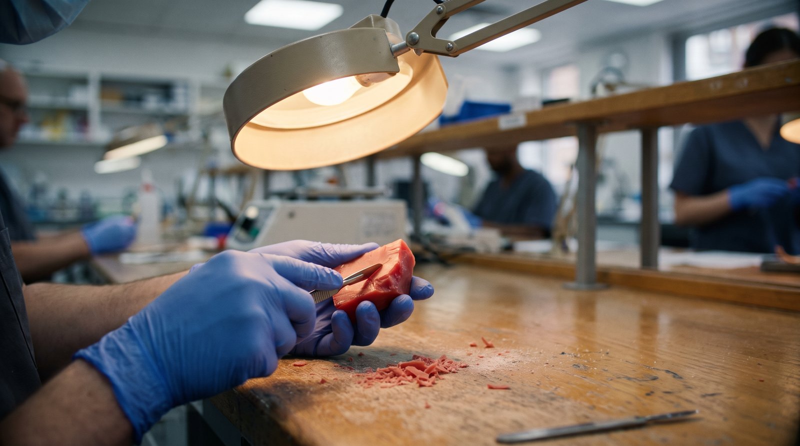 Dental modelling wax being carved in a dental lab