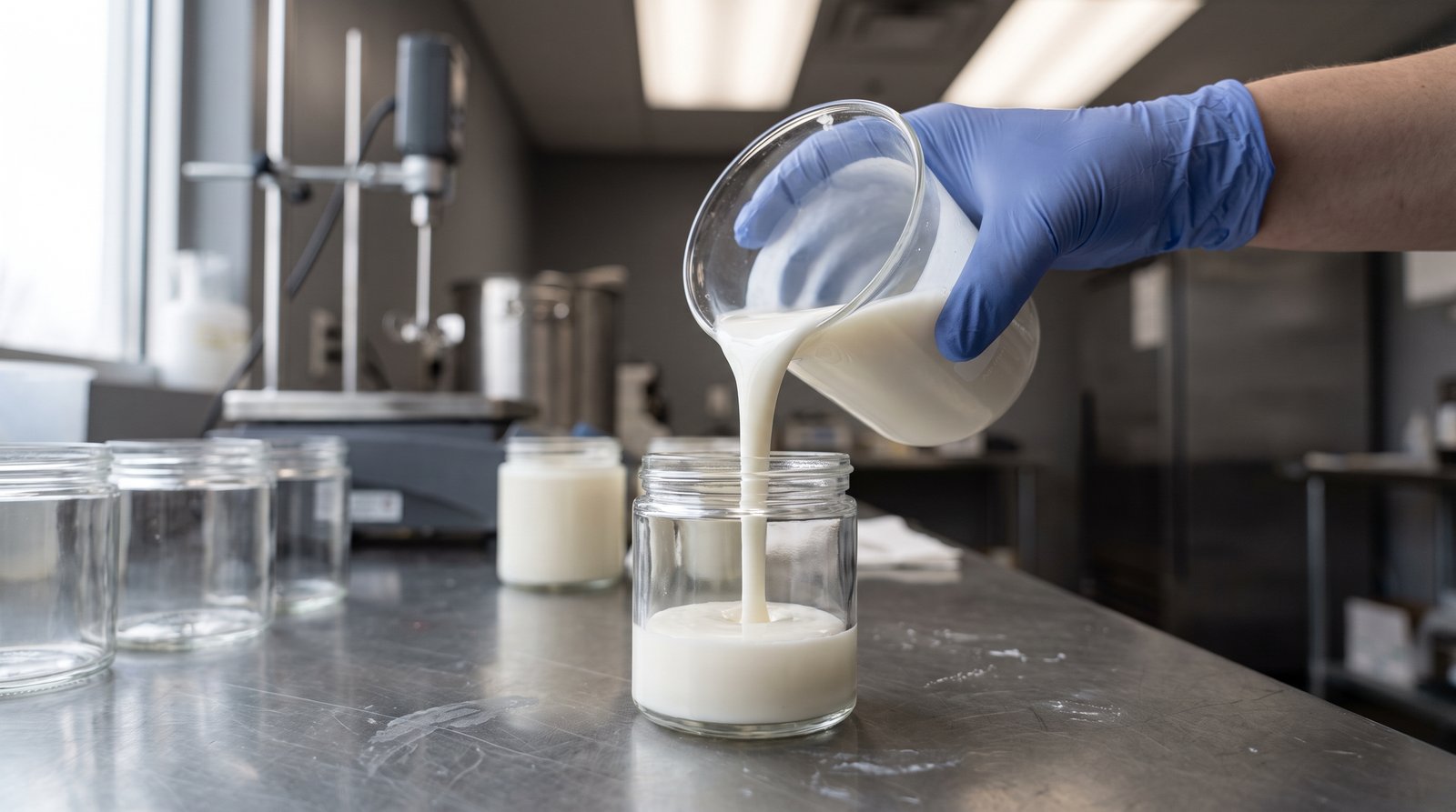 Milky white wax emulsion poured from a glass beaker