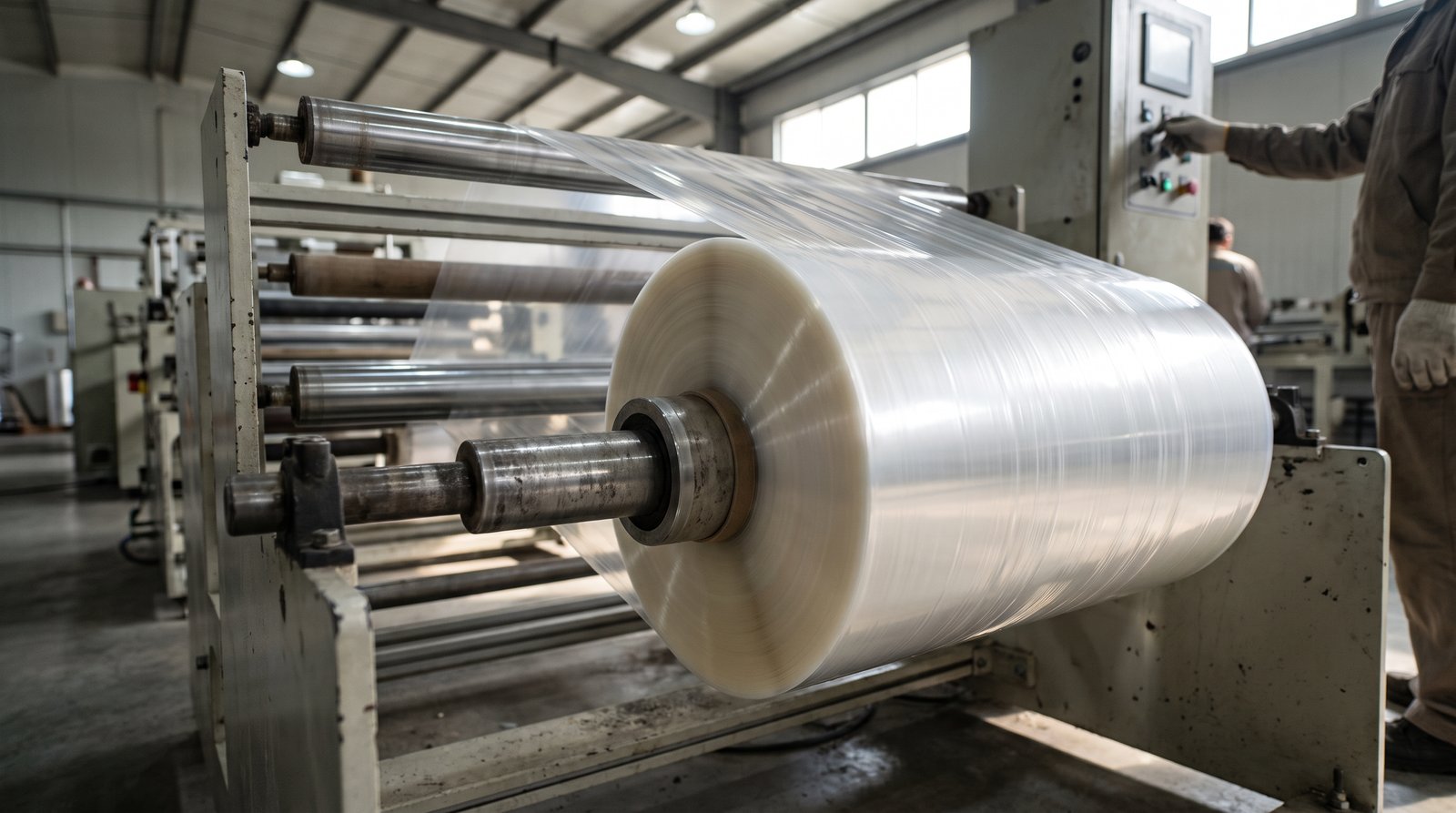 Plastic film winding onto a reel at speed