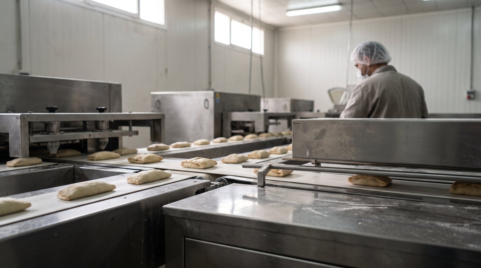 Product moving through a clean stainless food processing line