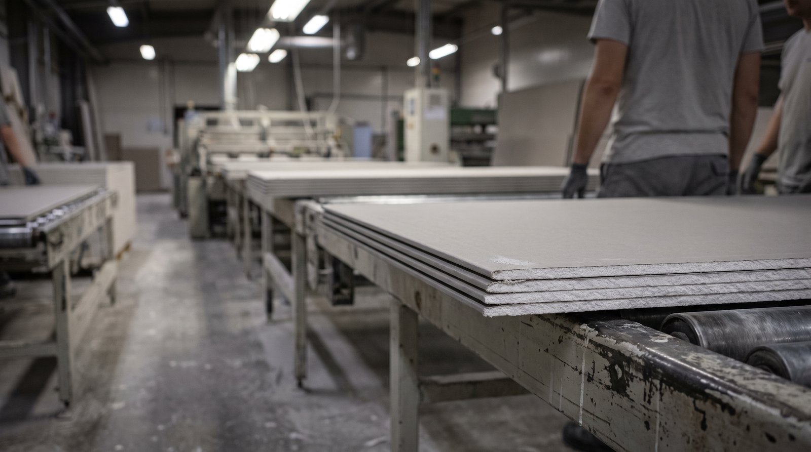 Gypsum boards on a production line showing the cut edge