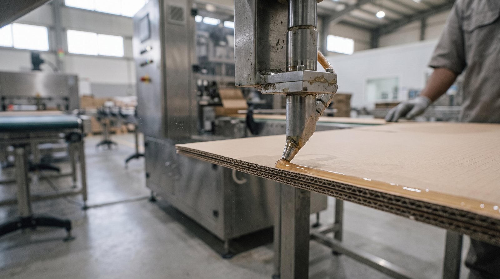 Glue nozzle laying a bead of hot melt adhesive on corrugated board