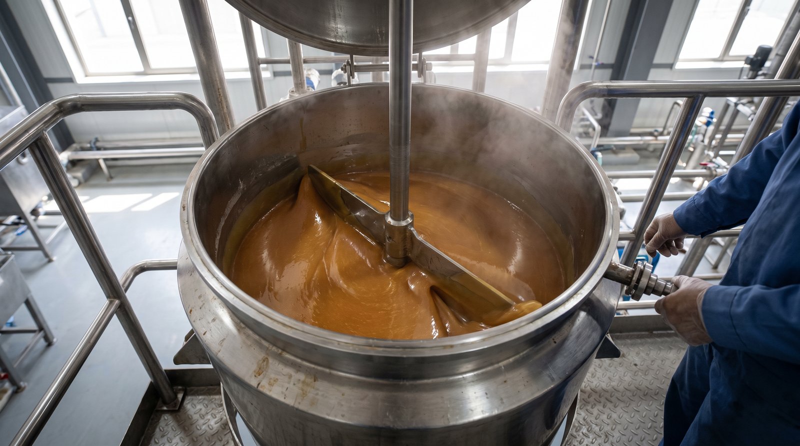 Molten adhesive mixed in a heated compounding vessel
