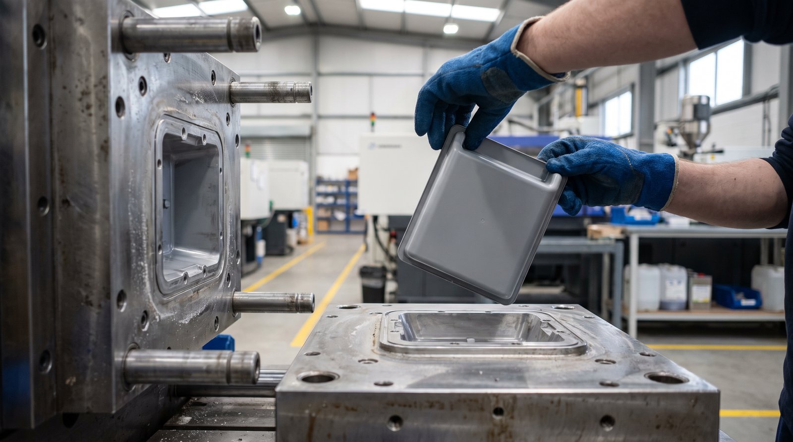 Freshly moulded plastic part lifted from an injection mould