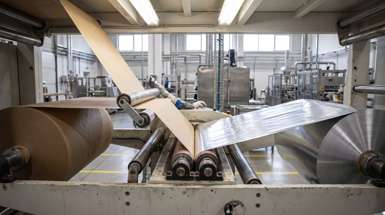 Laminating machine bonding paper to aluminium foil