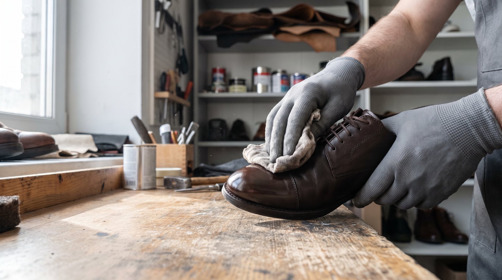 Leather shoe being buffed to a shine
