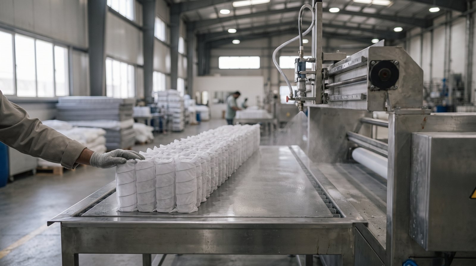 Adhesive sprayed onto pocket-spring fabric in mattress production