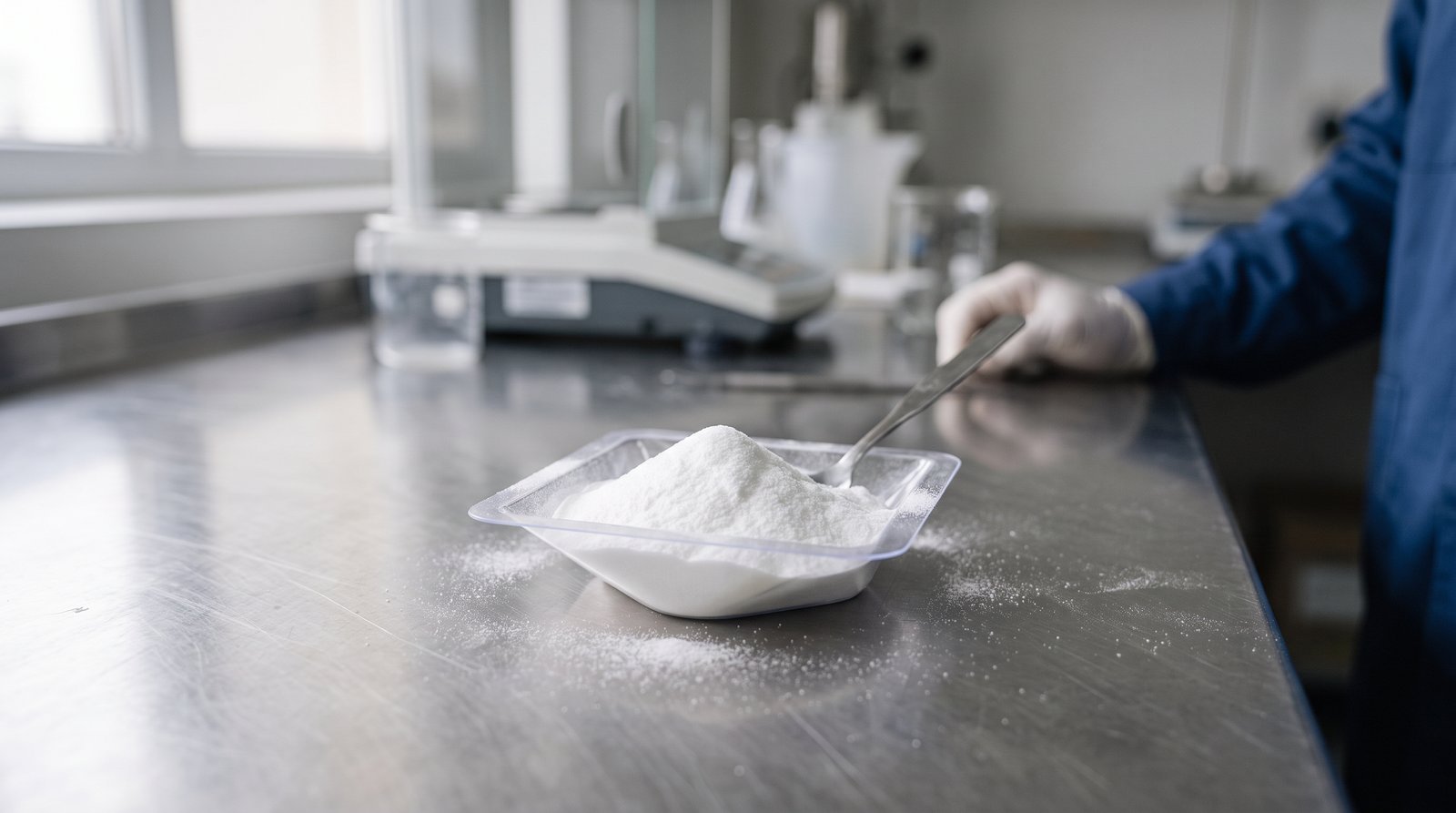 Fine micronised wax powder on a lab weighing boat