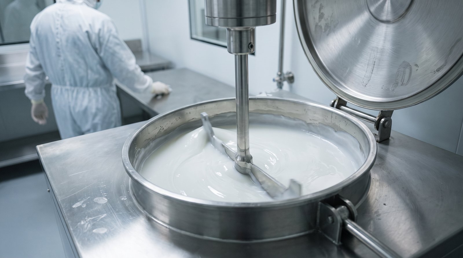 White ointment base mixed in a stainless pharmaceutical vessel