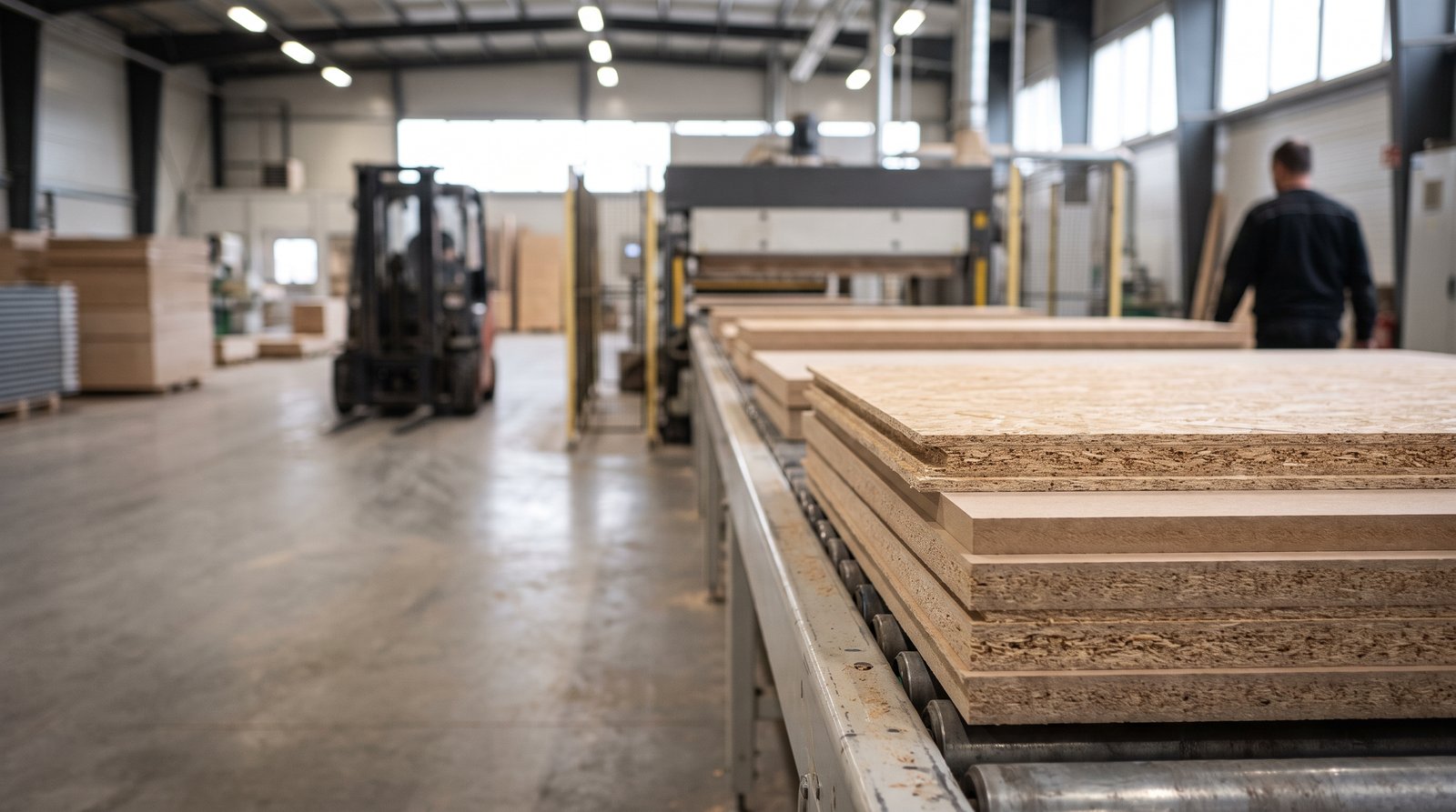 Stacked MDF and OSB panels showing their cut edges