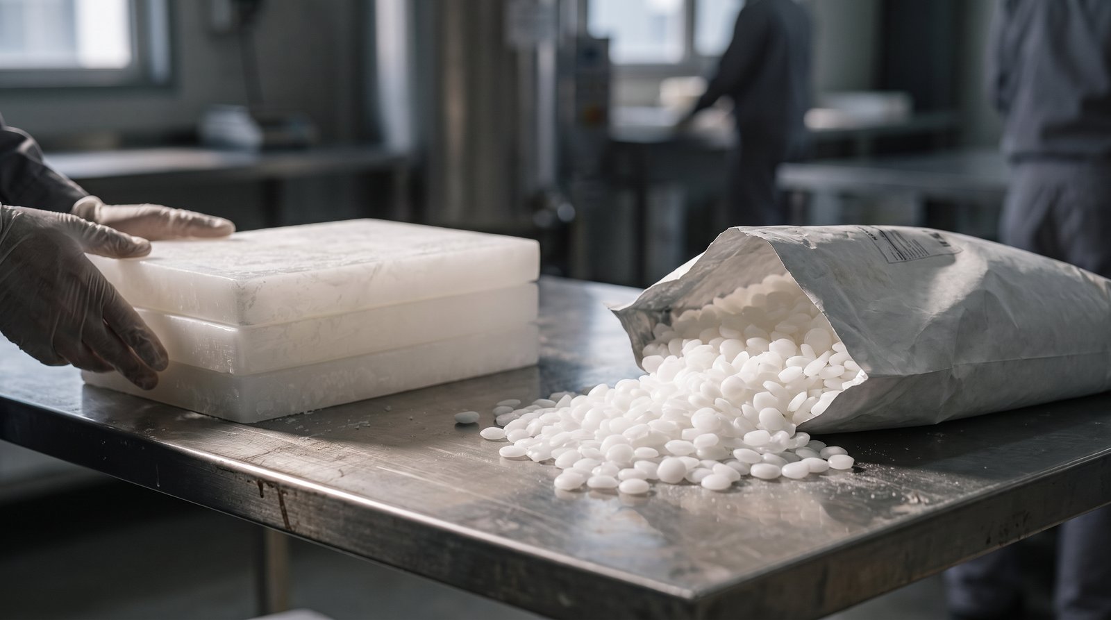 Paraffin wax poured from a sample bag onto a steel bench