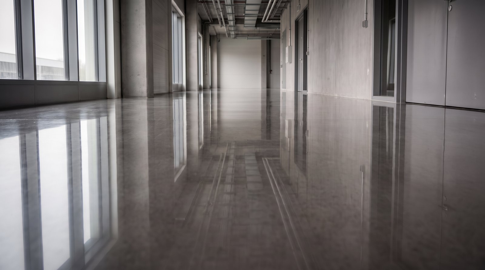 Freshly polished hard floor with reflections