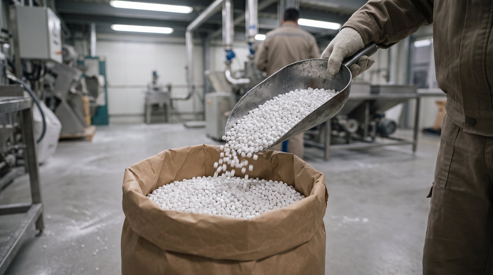 PVC compound in a steel scoop over an open bag