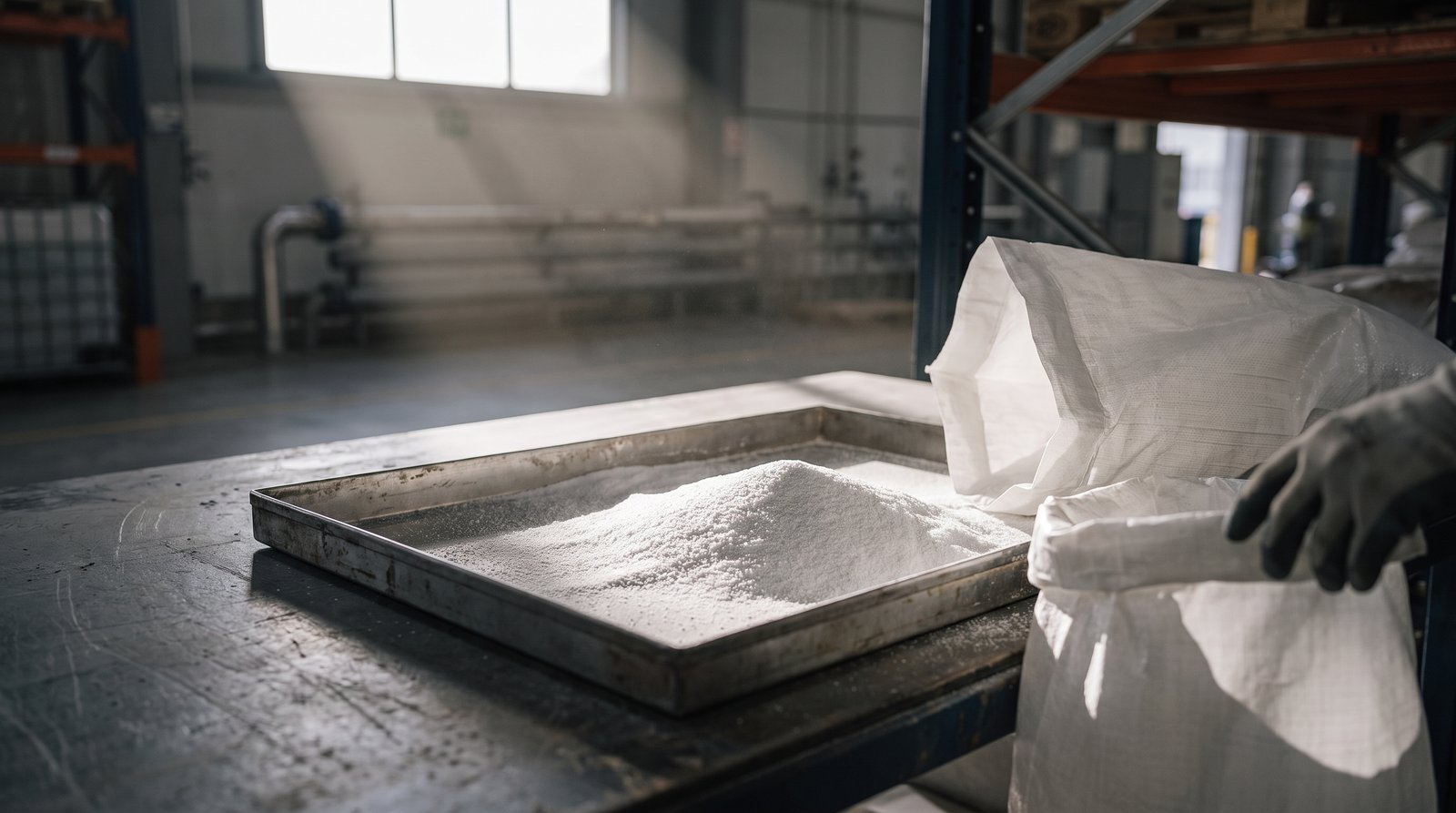 PE wax in a steel tray under directional light