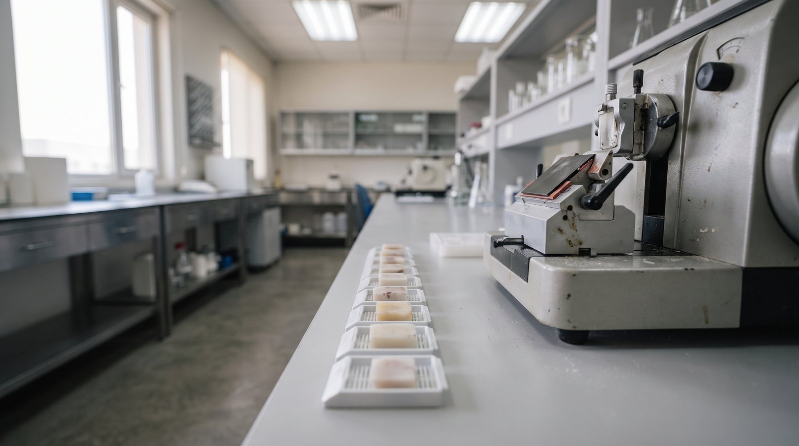 Paraffin-embedded tissue blocks next to a microtome
