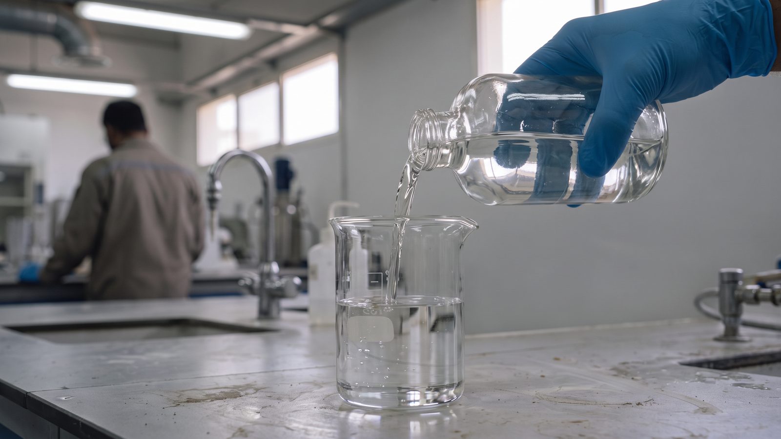 Clear white mineral oil poured from a glass bottle into a lab beaker