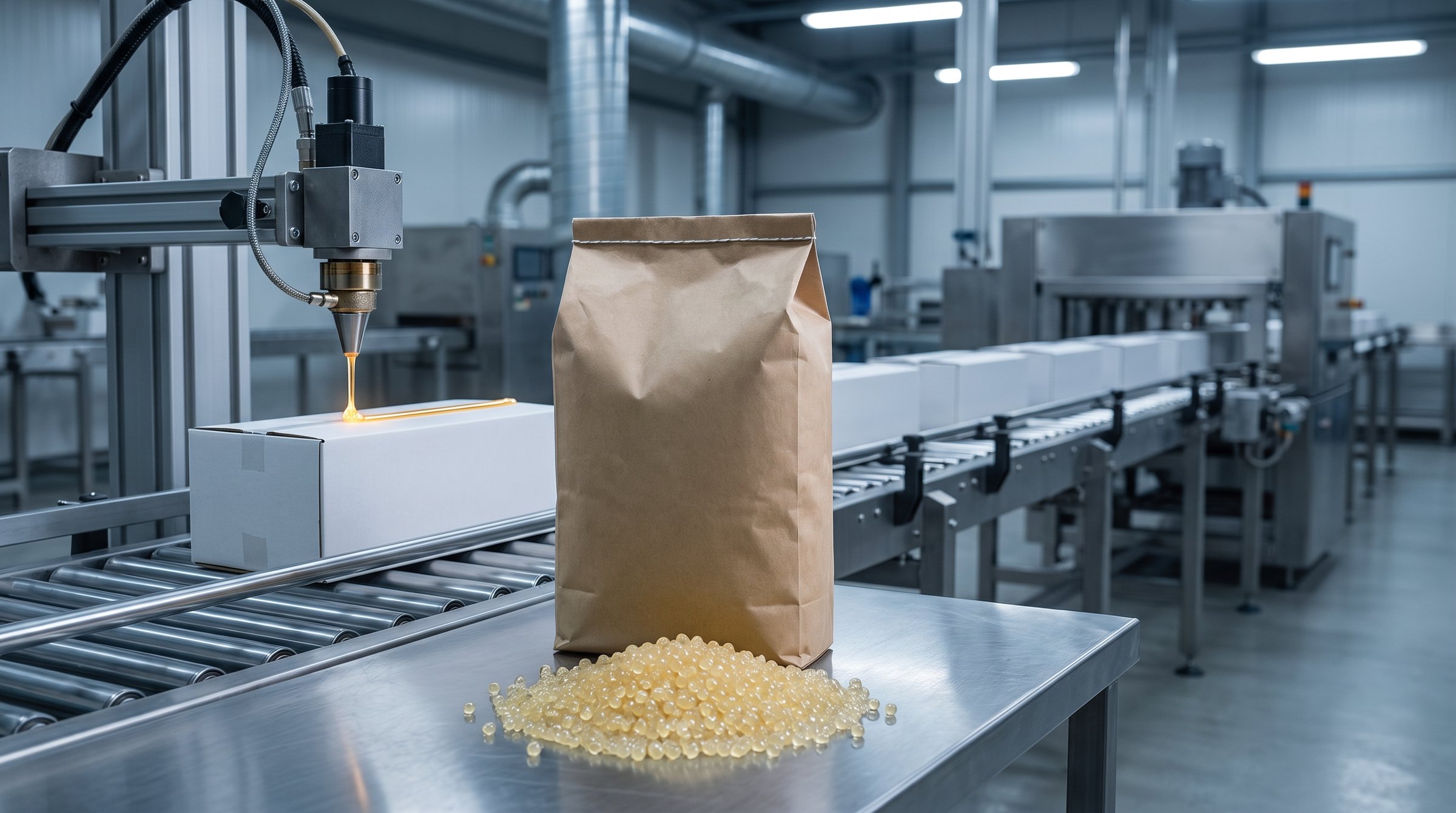 Hot melt adhesive being applied to cartons on a packaging line