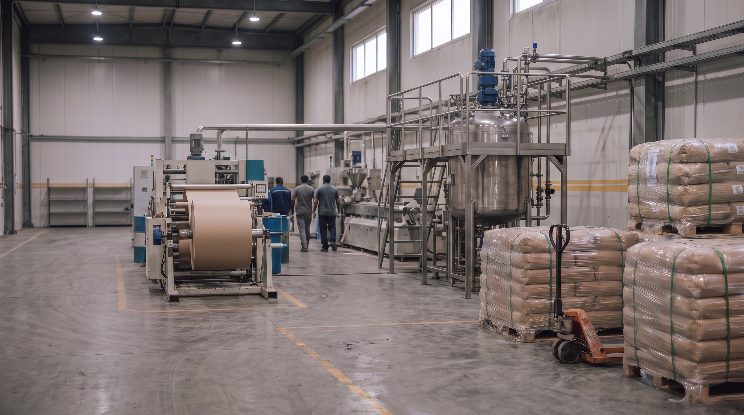 Production hall with a paper reel, extrusion line, mixing vessel and staged raw materials