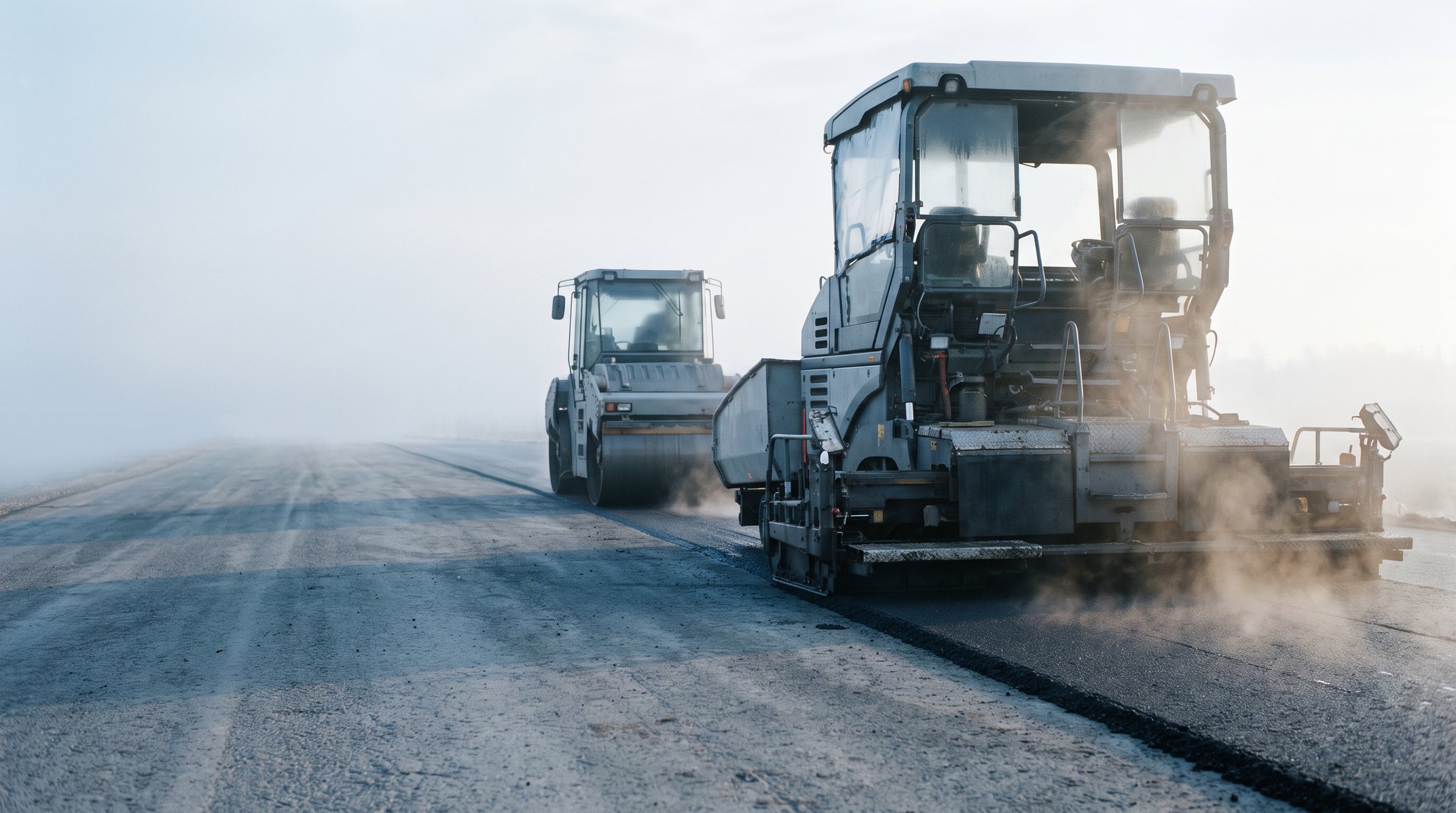 Asphalt paver and roller laying a fresh road surface