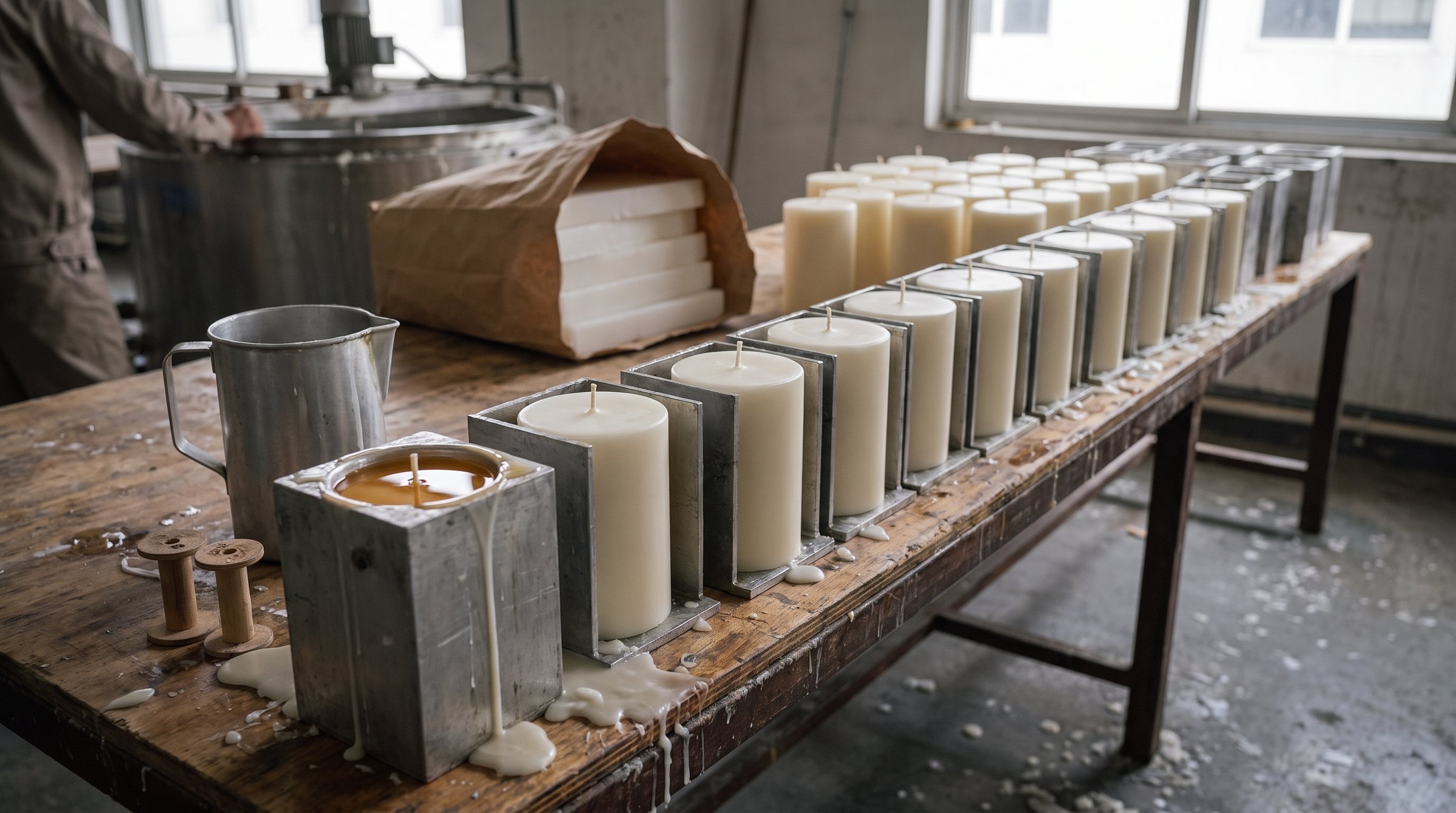 Freshly poured pillar candles cooling in metal moulds at a candle factory