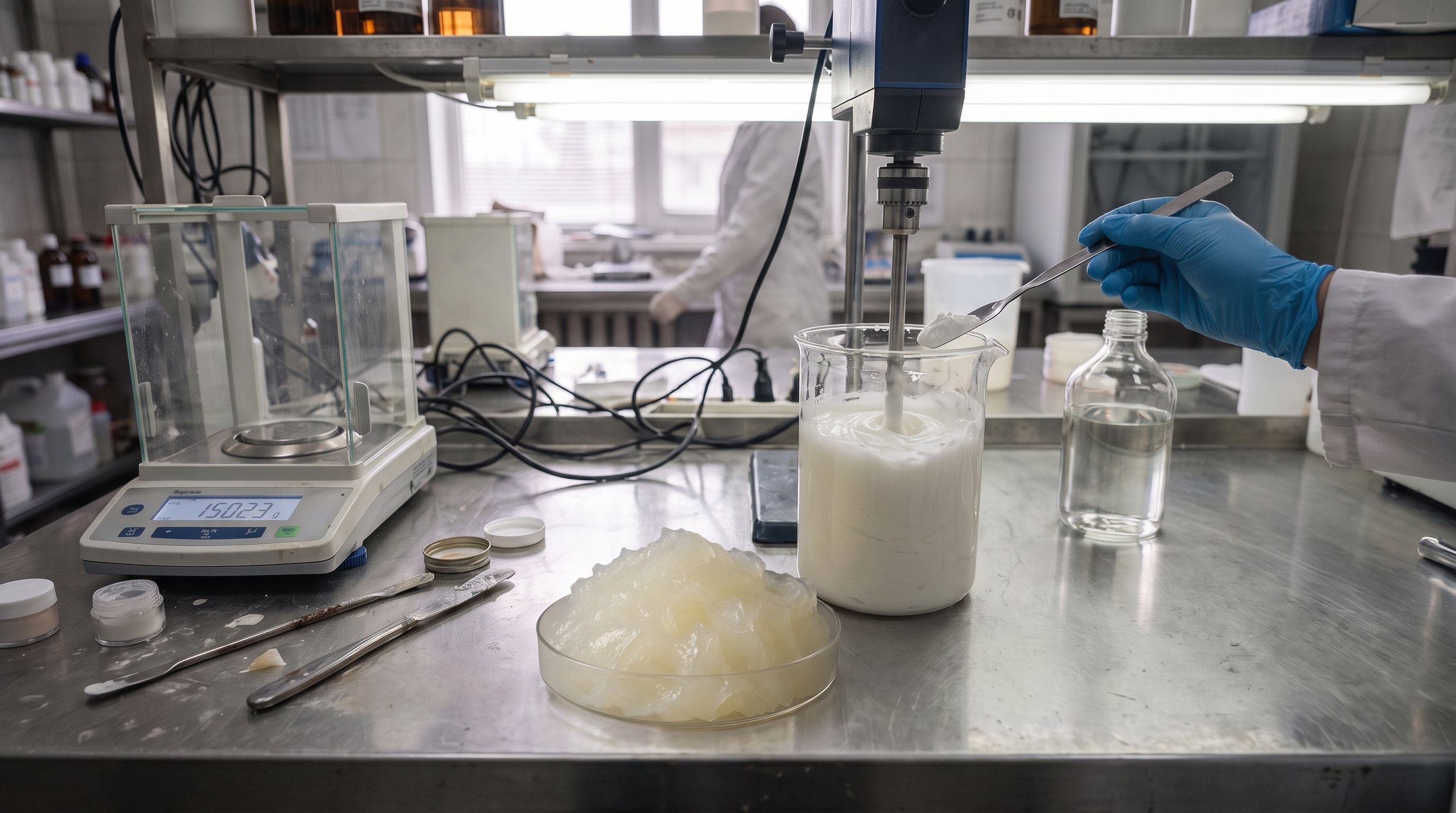 Cosmetic cream being mixed beside petroleum jelly and mineral oil in a formulation lab