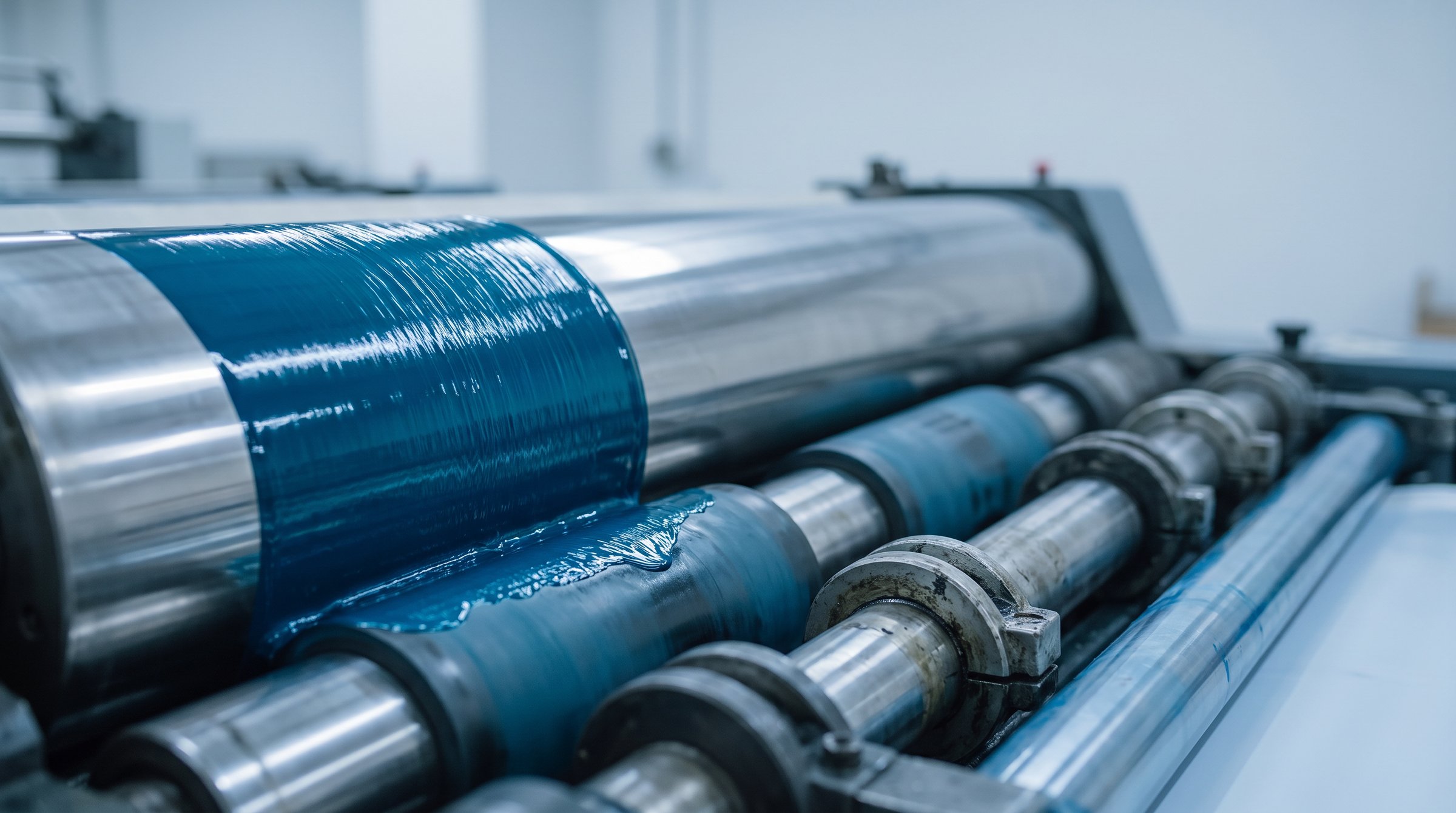 Cyan ink spreading across the rollers of an offset printing press