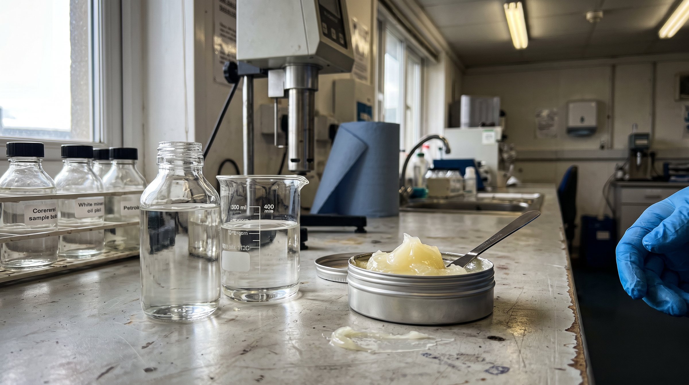 White mineral oil and petroleum jelly samples on a quality-control lab bench