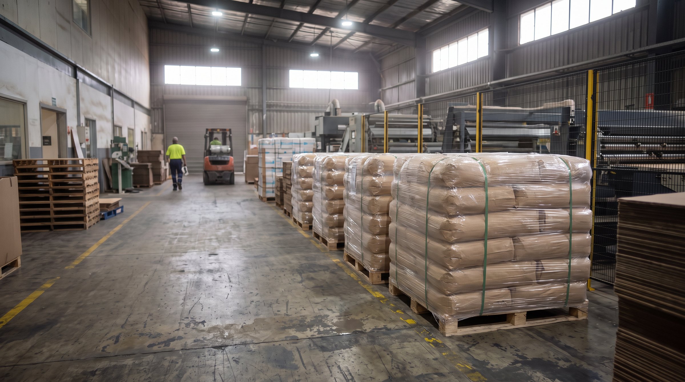 Corrugated box plant with board stacks and finished cases along the line