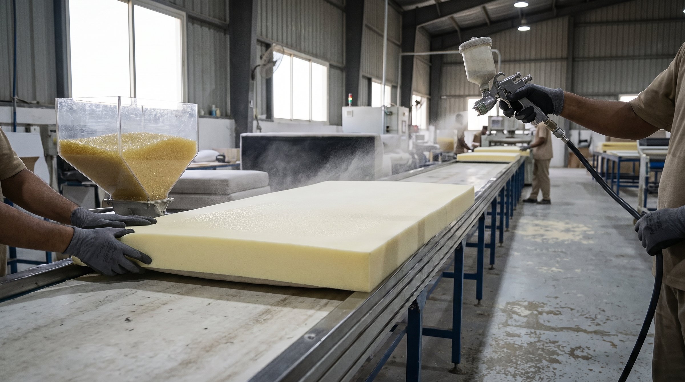Hot melt adhesive applied to a foam panel on a furniture assembly line