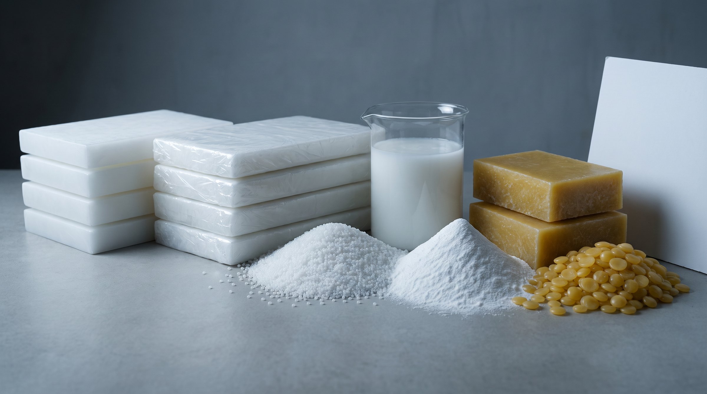 Samples of paraffin, microcrystalline, GTL, PE and natural waxes on a quality-control bench
