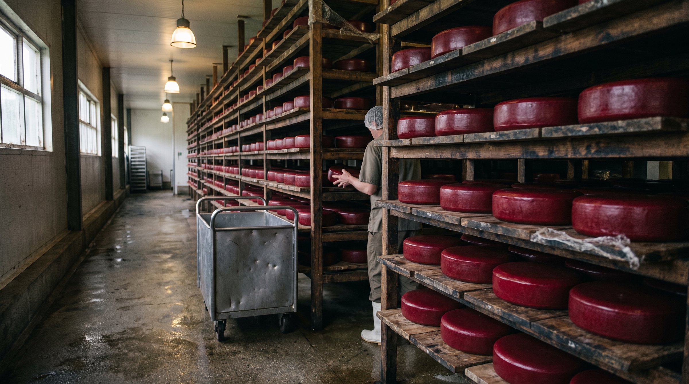Wax-coated cheese wheels maturing on wooden shelves