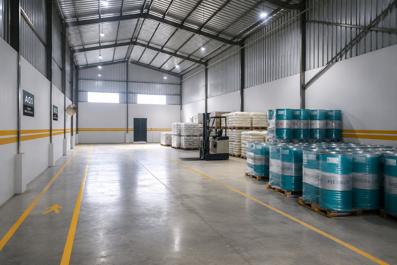 Regional warehouse with palletised bags and drums ready for dispatch
