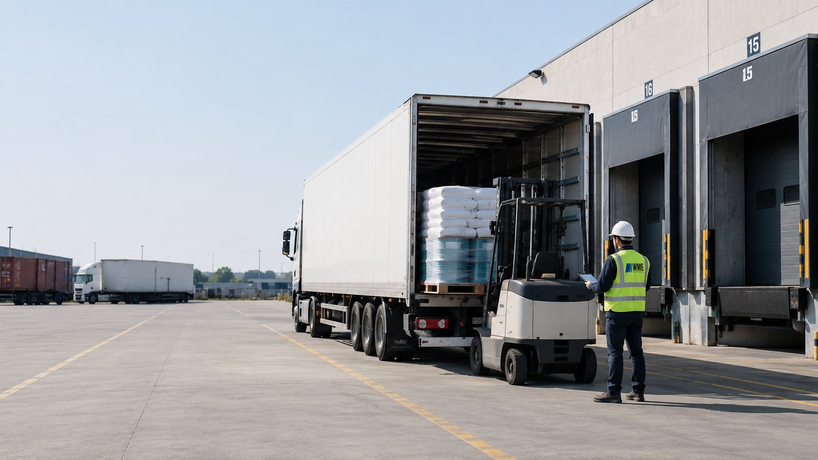 Palletised stock being loaded onto a truck at a warehouse dock