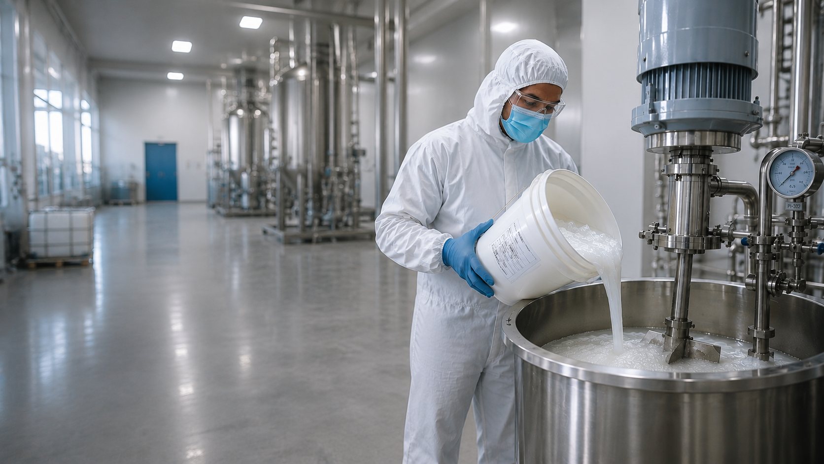 Operator in cleanroom gear charging white material into a stainless mixing vessel