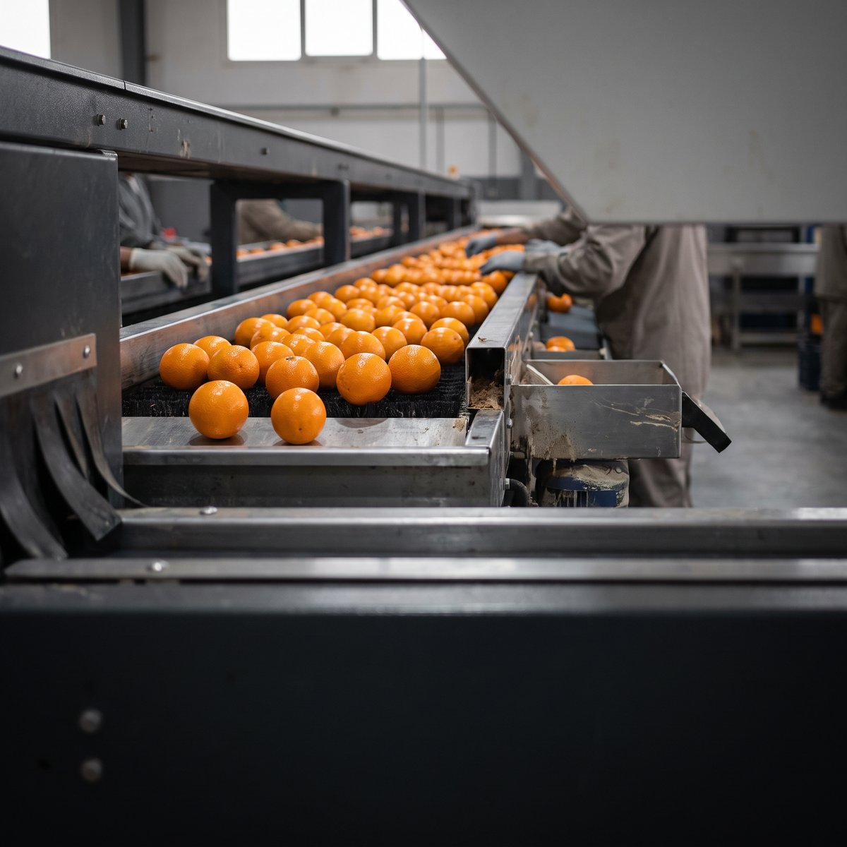 Wax-coated citrus moving along a packing line
