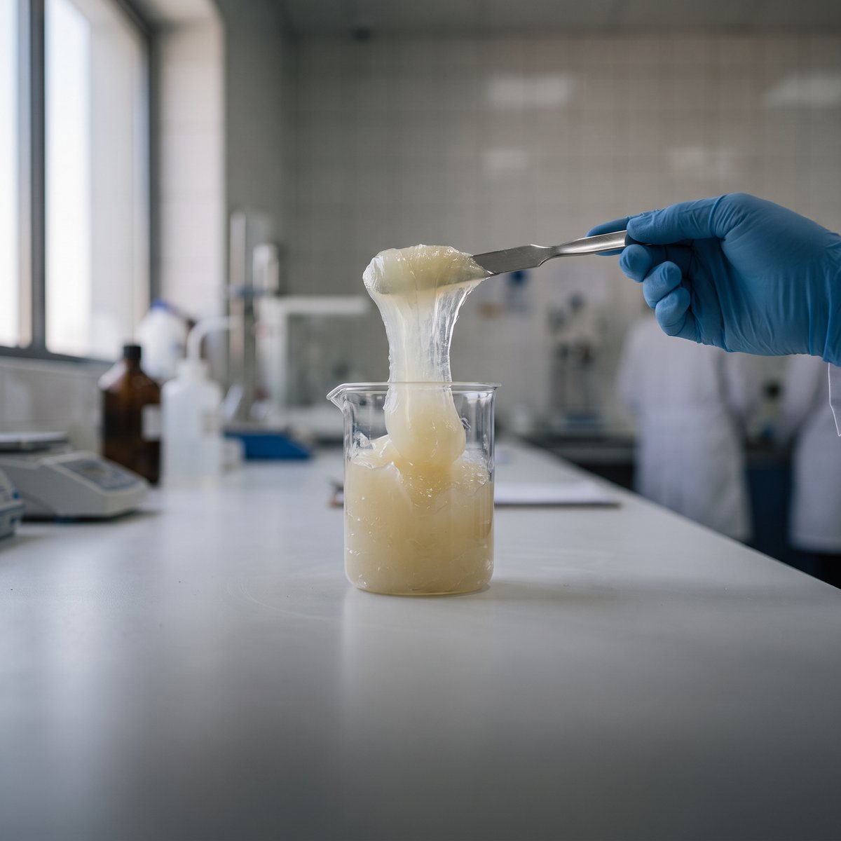 Petroleum jelly lifted on a spatula from a lab beaker
