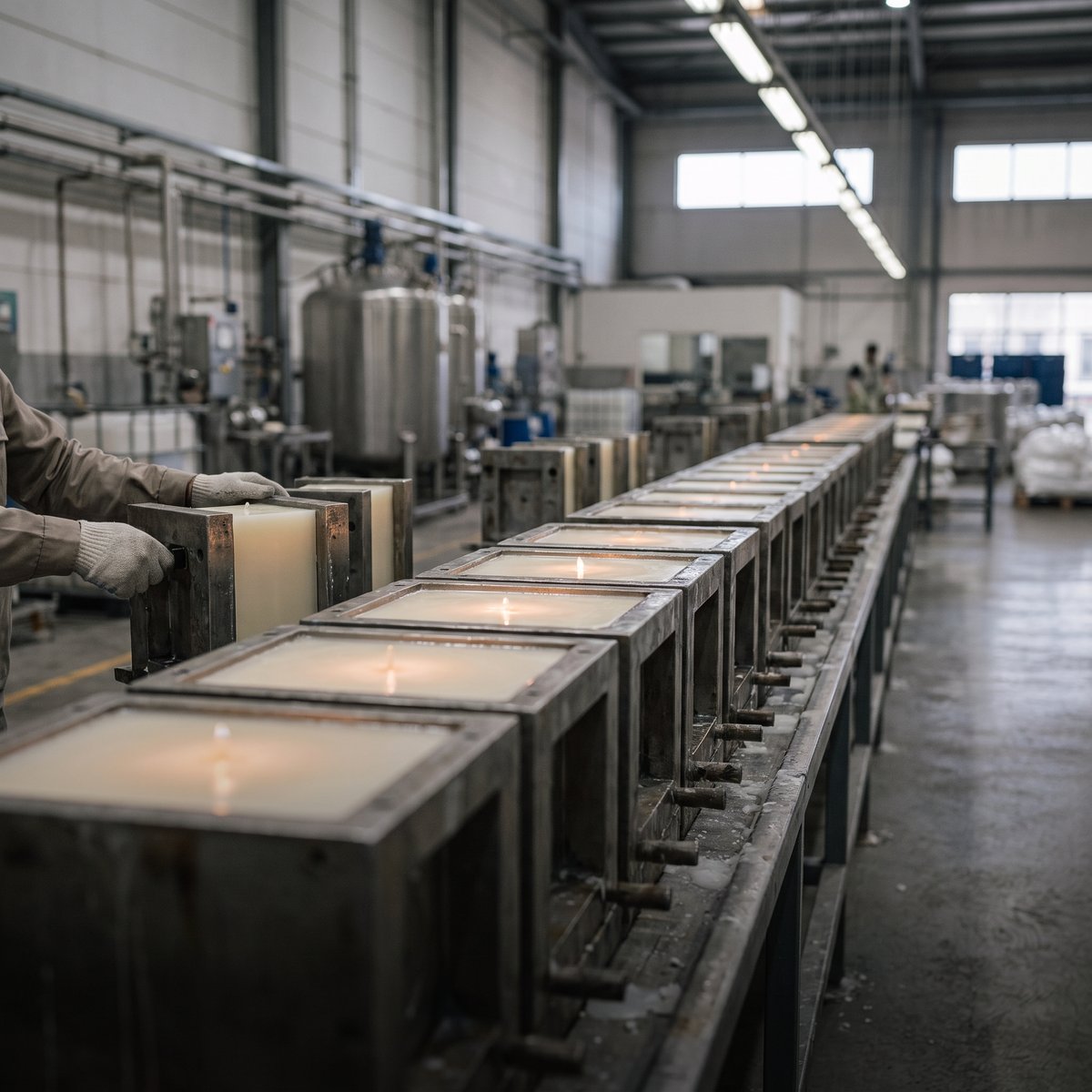 Freshly poured pillar candles setting in metal moulds