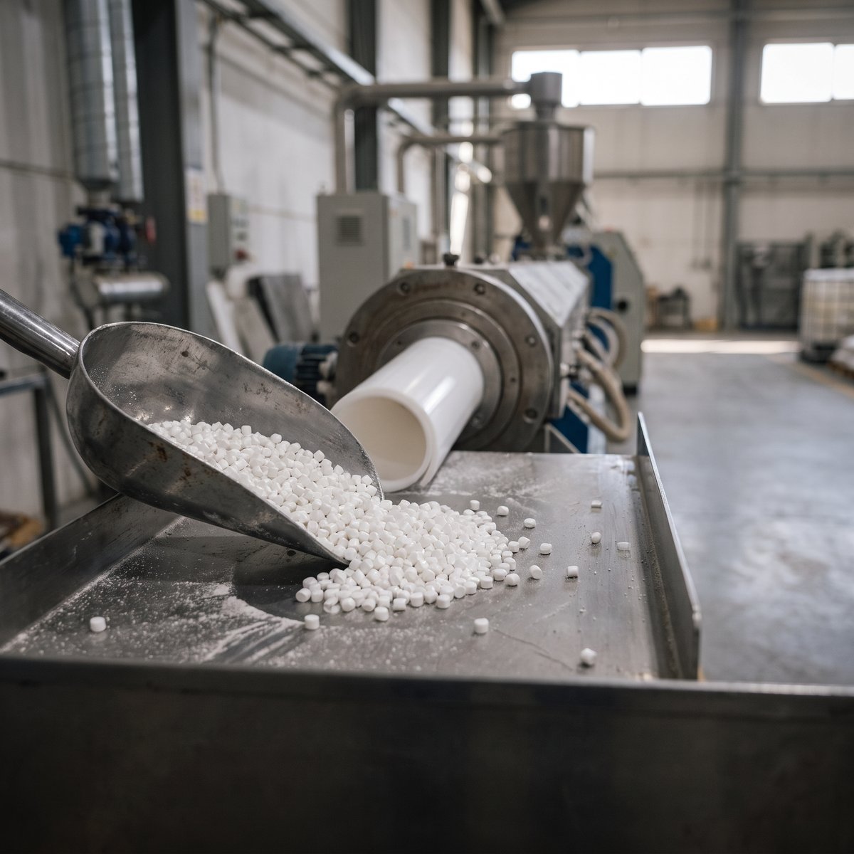 PVC compound granules in front of an extruded profile leaving the die