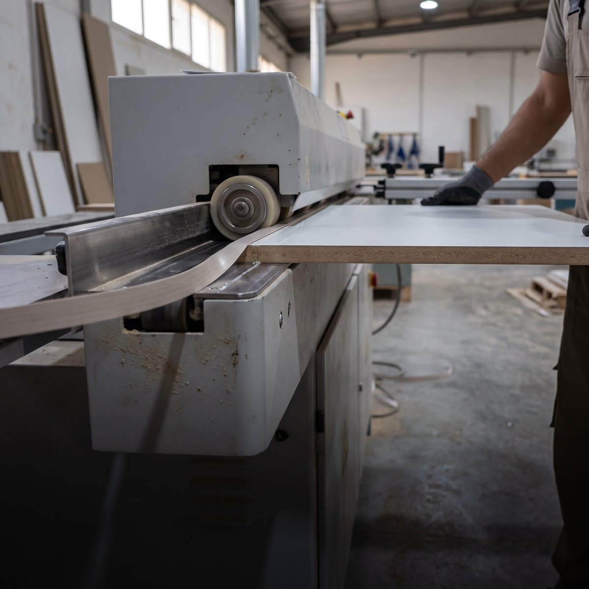Edgebanding being pressed onto a furniture panel edge
